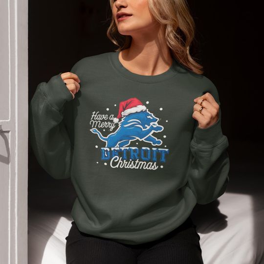 Detroit Christmas Sweatshirt, Gildan Holiday Shirt Football Fans, Santa Hat Detroit Lions Ugly Xmas, Detroit Lovers Gift, Detroit Fan Shirt