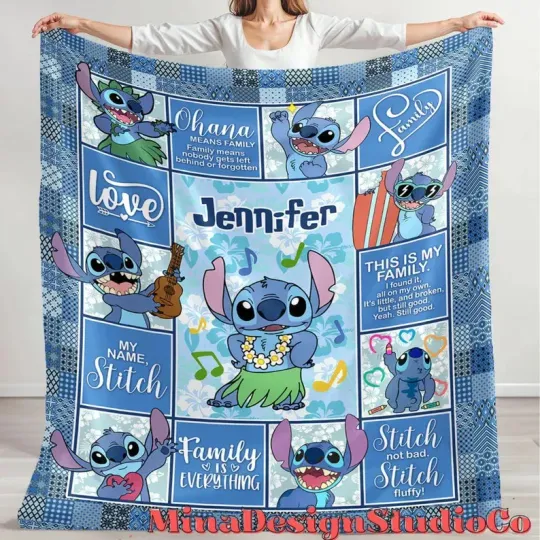 Discover Disney Stitch Ohana Means Family Lilo & Stitch Aloha Customize Fleece Blanket