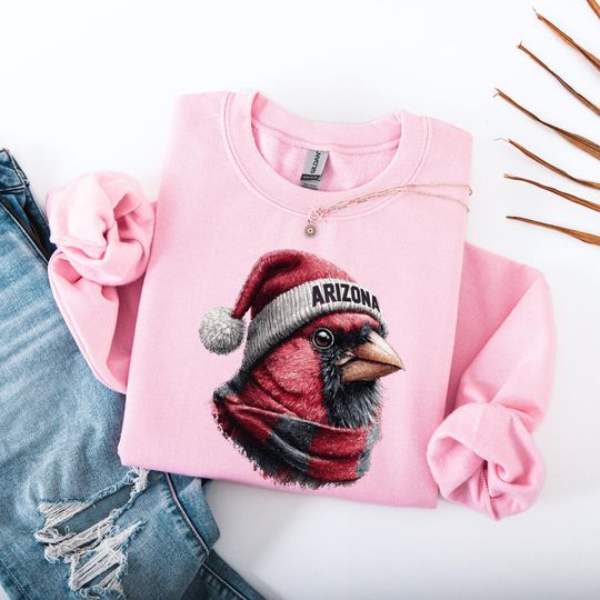 Arizonna Football Christmas Sweatshirt, Arizonna Football Bird Mascot Wearing Santa Hat, Sand Beige Holiday Crewneck, Funny Sports Gift