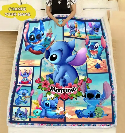 Discover Personalized Disney Stitch Aloha Beach Holiday Fleece Blanket