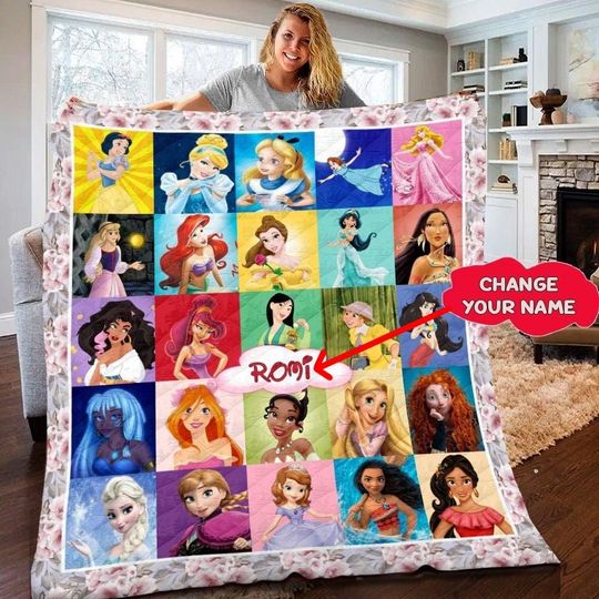 Discover Custom Disney Princess Quilt, Personalized Name Blanket for Kids, Bedroom Decor, Gift for Girls