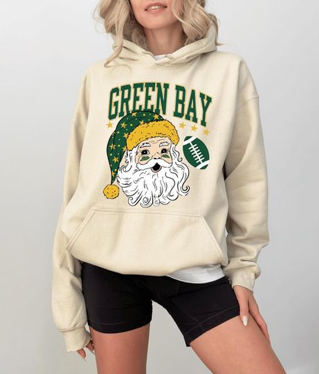 Green Bay Football Christmas Santa Hoodie, Retro Holiday Game Day Hoodie, Vintage Green Bay Fan Hoodie, Festive Santa Tee