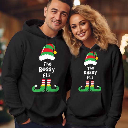 Discover Personalised Funny Family Elf Hoodie, Custom Name Christmas Matching Sweatshirts - Bossy, Loudest, Sassy Elf Holiday Gift Xmas Jumper H-5313