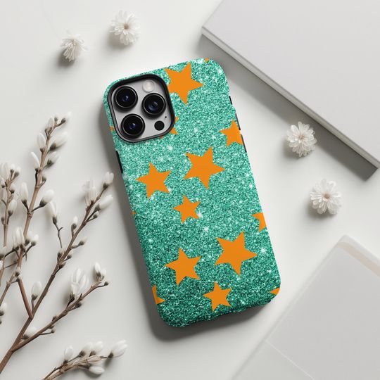 Discover Orange Stars Showgirl iPhone Case 17 16 15 14 13  Pro Max,  Mint Glitter Cover Gift for Her, Trendy Cute