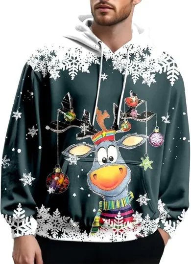 Funny Reindeer Christmas Hoodie 3D Print Dark Green Snowflake Unisex Pullover
