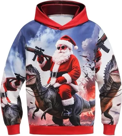 Discover Epic Santa Riding Dinosaur 3D Print Hoodie Unisex Funny Christmas Pullover