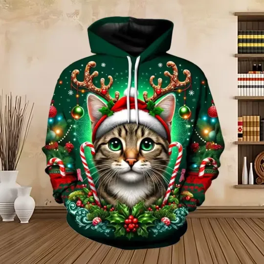 Discover Festive Xmas Cat With Antlers Hoodie 3D Print Pullover Cozy Holiday Gift Unisex