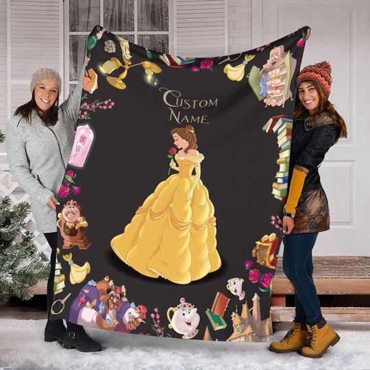 Personalized Name Princess Belle Blanket, Beauty And The Beast Fleece Mink Sherpa Blanket