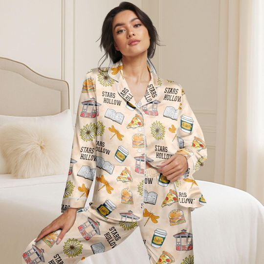 Stars Hollow Satin Pajama Set, Gilmore Girls Inspired Long PJs, Cozy Lounge Wear, Cute Sleepwear, Matching Set for Women