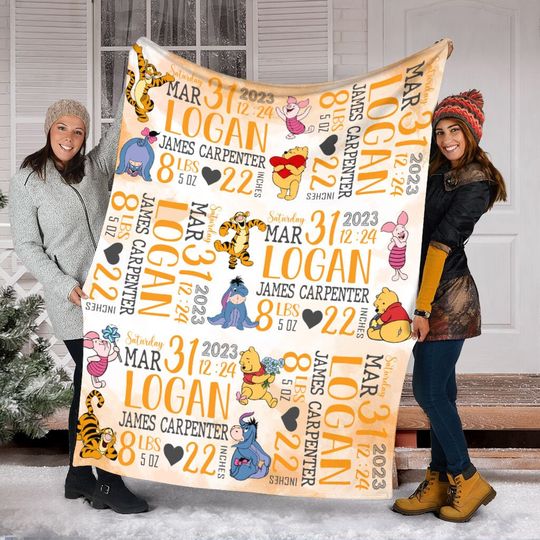 Discover Custom Baby Stats Winnie The Pooh Blanket, Disney Winnie Pooh & Friends Blanket, Birth Stats Baby Blanket, Newborn Baby Birth Info Blanket