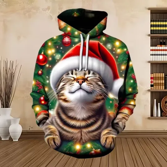Discover Charming Xmas Cat Hoodie with Sparkling Lights – Soft 3D Holiday Fashion Top