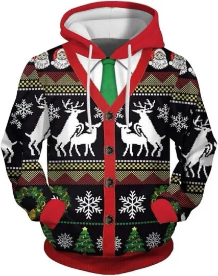 Discover Christmas Cardigan Print Hoodie 3D Ugly Sweater Style Reindeer & Tie Unisex Pull
