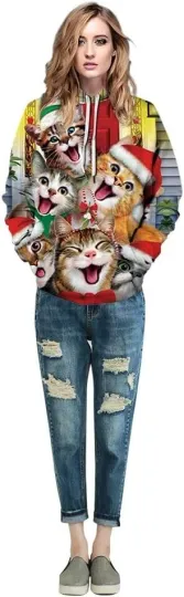 Ugly Christmas Hoodie for Couples 3D Santa Print Kangaroo Pocket Top