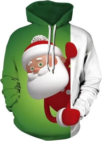 3D Santa Claus Christmas Hoodie Unisex Green Red Pullover Holiday Sweatshirt