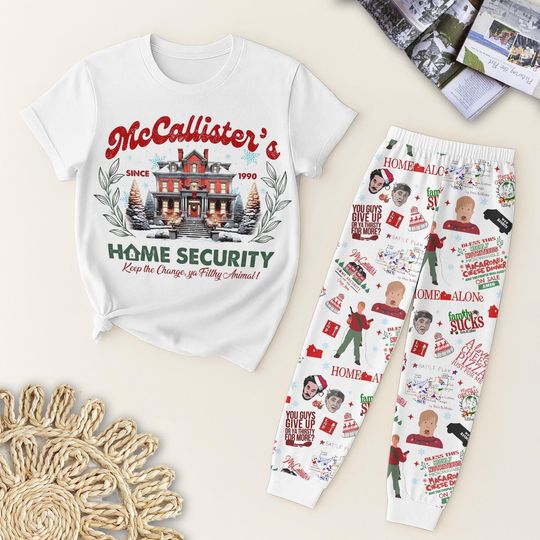 Home Security Christmas Pajama Set, Ya Filthy Animal Holiday Matching Tee, Funny Christmas Movie Shirt, Winter Sleepwear, Xmas Gift