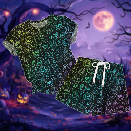 Halloween Icon Pattern T-Shirt & Shorts Pajamas Set, Black Cat, Witch, Ghost, Pumpkin Sleepwear