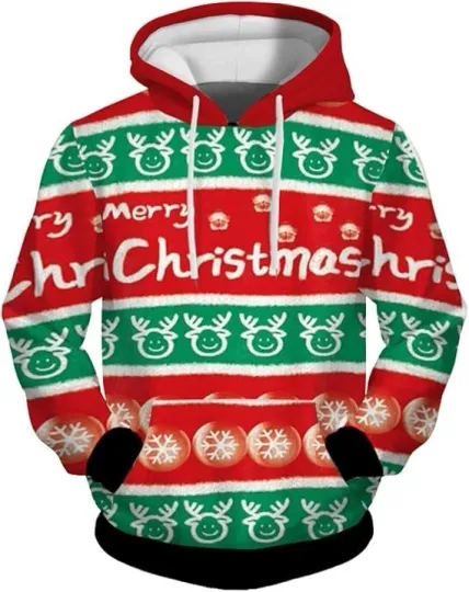 Discover Merry Christmas Hoodie 3D Print Red Green Reindeer Pattern Unisex Holiday