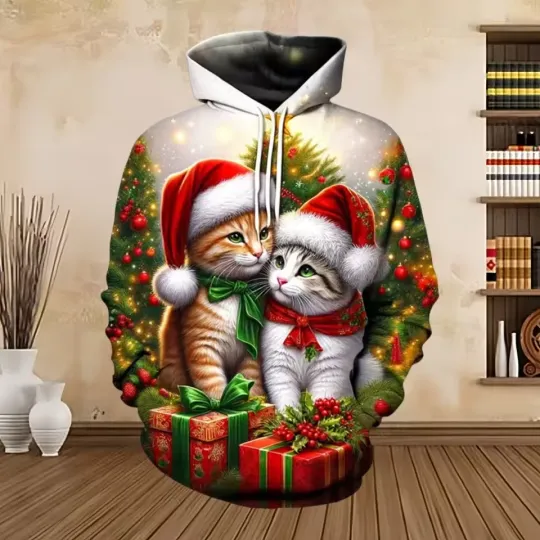 Discover Couple Cats Christmas Hoodie –Lovely 3D Design with Tree and Gifts Winter Outfit