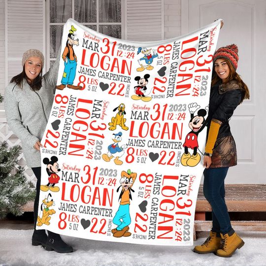 Discover Personalized Baby Stats Mickey Movie Blanket, Birth Stats Mickey And Friends Baby, Mickey Mouse Blanket, Mickey Fleece Mink Sherpa Blanket