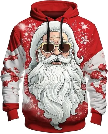 Cool Santa Hoodie 3D Print Red White Christmas Sweatshirt Unisex Holiday Pullove