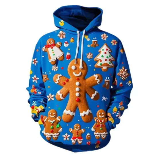 Discover 3D Gingerbread Cookie Hoodie Blue Christmas Unisex Funny Holiday Sweatshirt