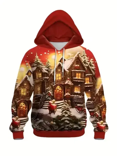 Discover 3D Christmas House Hoodie Winter Night Scene Unisex Cozy Holiday Sweatshirt
