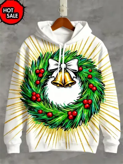 3D Print Christmas Wreath Hoodie Gold Bells White Pullover Winter Outfit