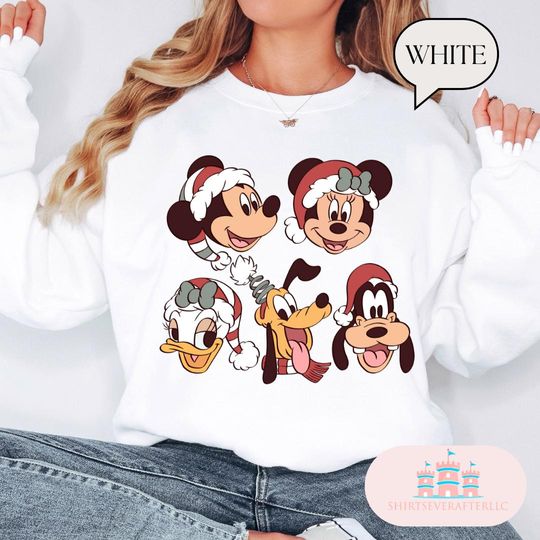 Discover Disney Merry Christmas Sweatshirt with Mickey and Friends, Retro Holiday Tree Design
