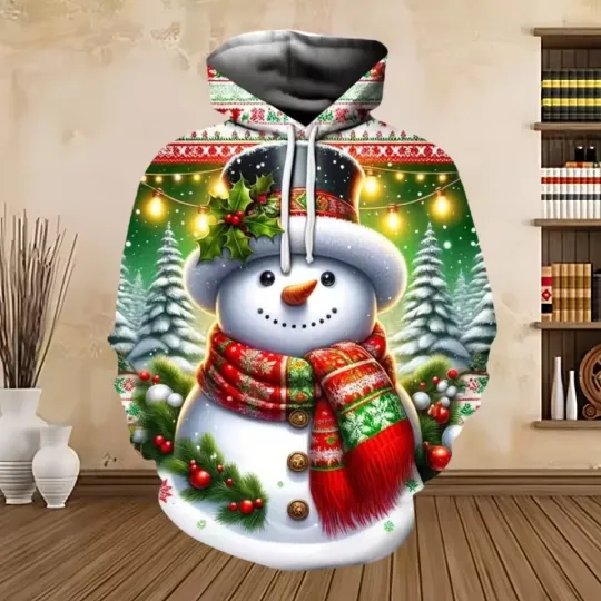 3D Snowman Christmas Hoodie Warm Winter Outfit with Scarf Lights & Forest Scene