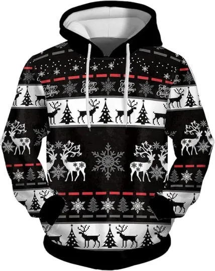 Black and White Christmas Hoodie 3D Reindeer Tree Snowflake Print Unisex