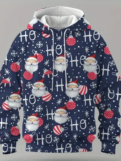 Santa Claus Ho Ho Ho Hoodie Blue Christmas Sweatshirt Festive 3D S-5XL
