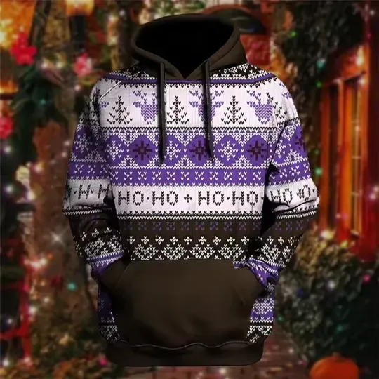 Discover Christmas 3D Hoodie – Purple Ho Ho Ho Reindeer Snowflake Holiday Patter