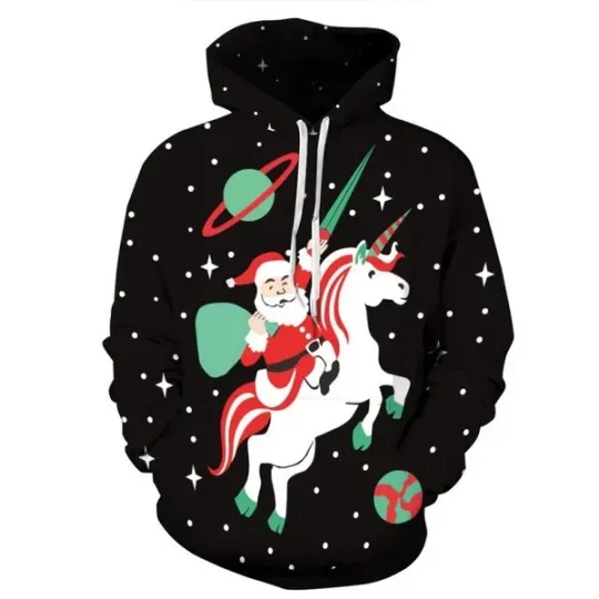 Discover Santa Riding Unicorn 3D Print Hoodie Pullover Sweatshirt Unisex Christmas