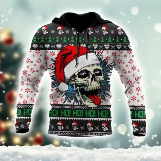 Discover Christmas 3D Hoodie for Men – Santa Skull Gothic Ho Ho Ho Ugly Sweater