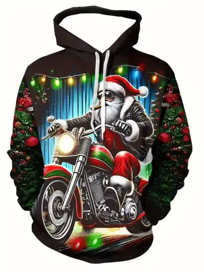 Discover 3D Santa Biker Hoodie Christmas Motorcycle Print Funny Gift Idea for Men & Teens