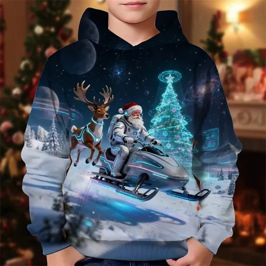 Discover Futuristic Santa Hoodie – 3D Christmas Deer & Space Sleigh Design
