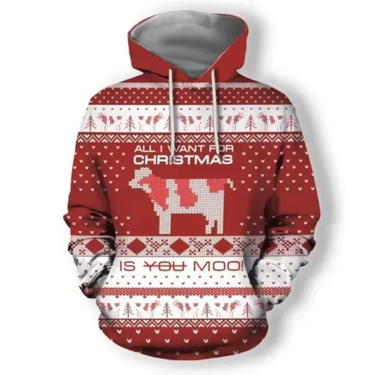 Discover 3D Print Funny Cow Hoodie Christmas Red Ugly Knit Pattern Holiday Street Style