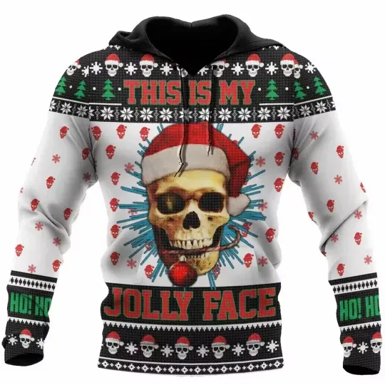 Discover Christmas 3D Hoodie – This Is My Jolly Face Skull Santa Ugly Sweater