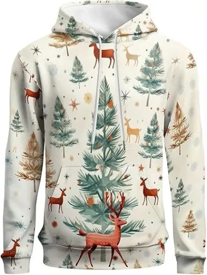 Men's Christmas Hoodie - 3D Reindeer and Xmas Tree Pullover Holiday Streetwear