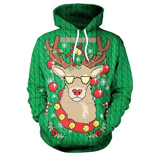 Discover Men's Christmas Hoodie 3D Reindeer Print Warm Adult Pullover Hoodie
