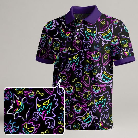 Neon Gengar Polo Shirt, Kawaii Ghost Gengar Polo for Men and Women, Glow-Inspired Summer Polo