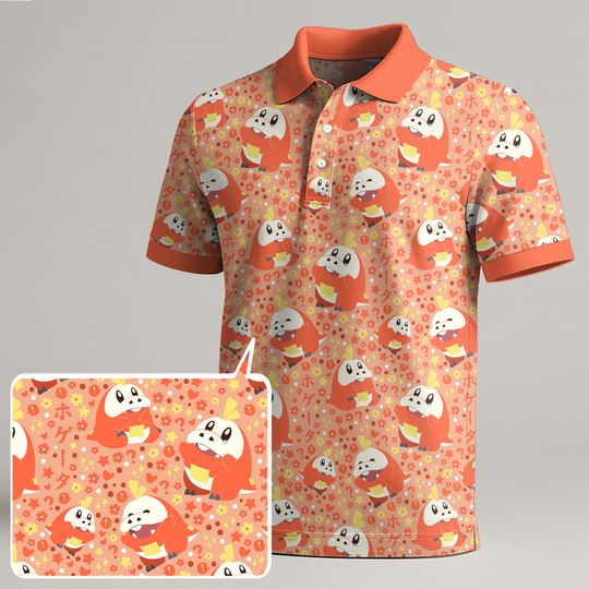 Fuecoco Polo Shirt, Cute Fire Croc Graphic Summer Polo, Trendy Mens Clothing, Kawaii Fuecoco Gift