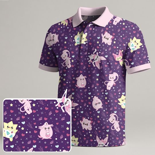 Mew Sylveon Polo Shirt, Pink Purple Kawaii Summer Polo, Trendy Cute Polygon Pattern Polo, Mew Gift Shirt
