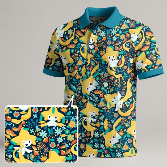 Jirachi Polo Shirt, Kawaii Celestial Style Tee, Cute Star Pattern Summer Shirt