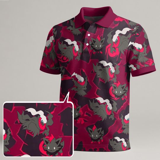 Zorua Polo Shirt, Unisex Dark Red Pattern Polo, Kawaii Summer Polo Top, Funny Trendy Shirt for Birthday Gift, Zorua Shirt Gifts