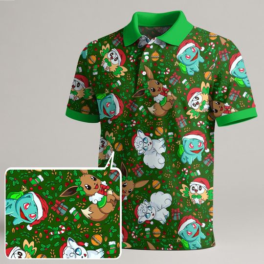 Vulpix Bulbasaur Polo Shirt, Unisex Green Holiday Polo with Cute Character Pattern, Kawaii Summer Polo Top, Funny Shirt Gift