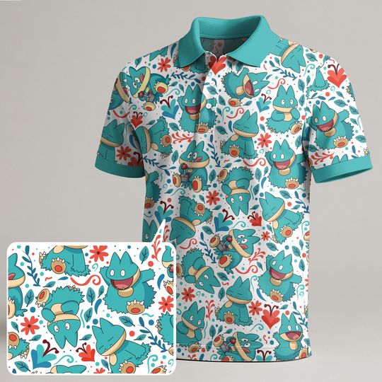 Munchlax Polo Shirt, Tropical Button Up Shirt, Funny Cute Summer Shirt, Unisex Kawaii Polo, Trendy Japanese Style, Munchlax Shirt Gifts