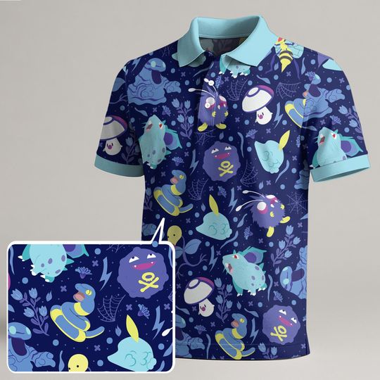 Koffing Venonat Polo Shirt, Cute Poison Pattern Polo, Kawaii Summer Shirt, Funny Trendy Polo Gift, Purple Bug Top, Koffing Gifts
