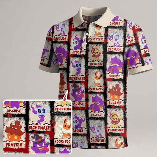 Gengar Mimikyu Polo Shirt, Spooky Ghost Pattern Polo, Kawaii Halloween Shirt, Funny Cute Trendy Polo,  Gengar Gift