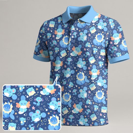 Mudkip Wooper Polo Shirt, Cute Water Pattern Polo, Kawaii Summer Shirt, Funny Trendy Polo Gift, Blue Ocean Top, Mudkip Shirt Gifts